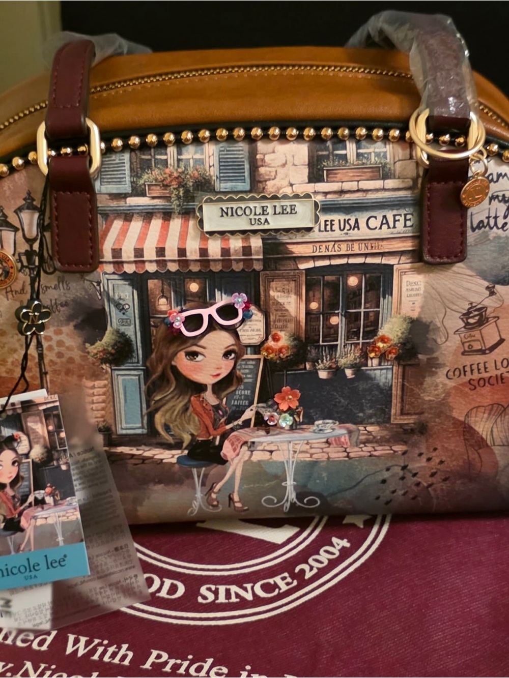 Nicole Lee Tan Brown Multi-Scene Cafe Printed Satchel